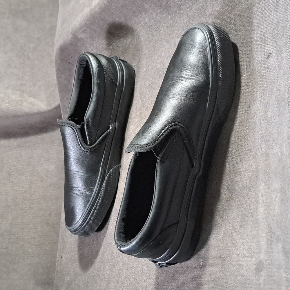Vans Slip On Mono Black Smooth Leather Classic Sneakers VG- US 5.5 - Picture 12 of 16